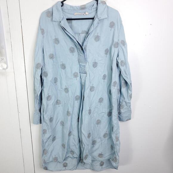 Soft Surroundings Dress Womens 1X Popover Embroidered Leaf Chambray Country - Picture 1 of 8